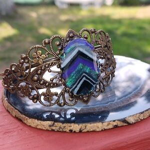 Handmade Vintage Style Bronze Filigree Bracelet with Multicolor Stone